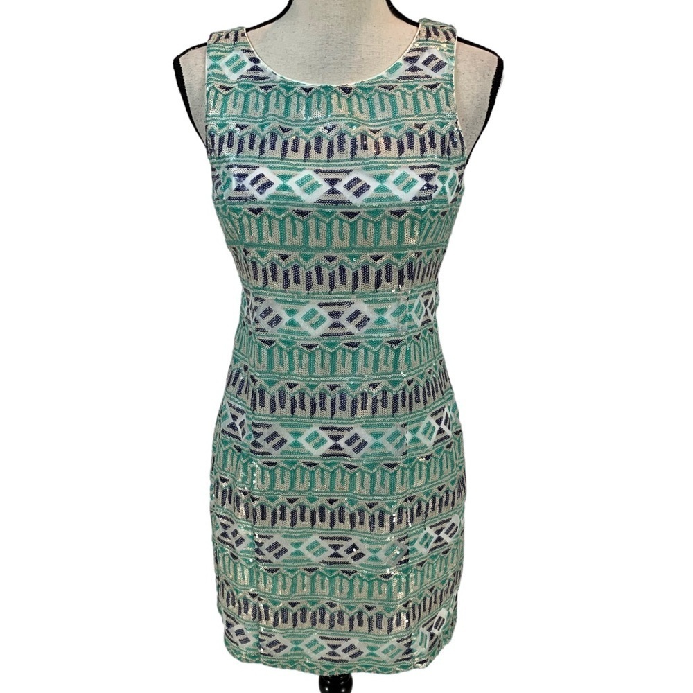AS U Wish Sleeveless Tank Sequin Mini Dress  - Teal Blue White - size 7
